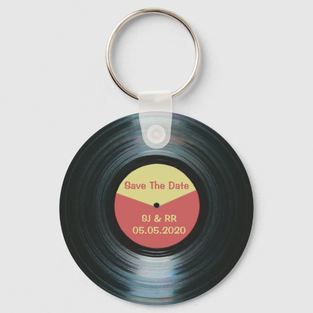 Black Vinyl Music Wedding Save The Date Keyring (Front)