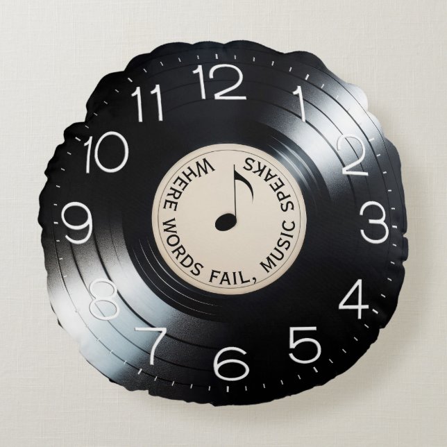 Black Vinyl Record Album With Quote Round Pillow (Front)