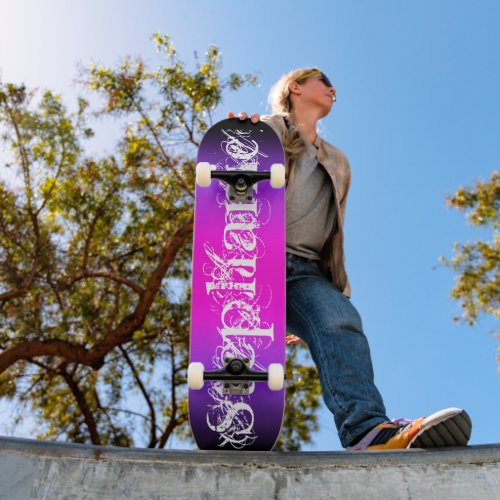 Black Violet and Hot Pink Gradient Chic Name Skateboard