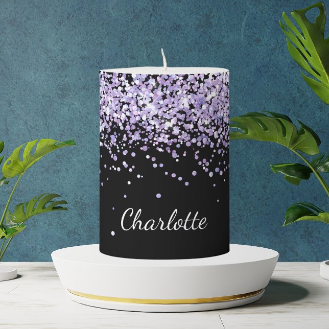 Black violet lavender glitter sparkle name pillar candle (Creator Uploaded)