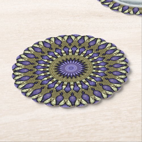 Black Violet Purple Faux Gold Mandala Pattern Paper Coaster