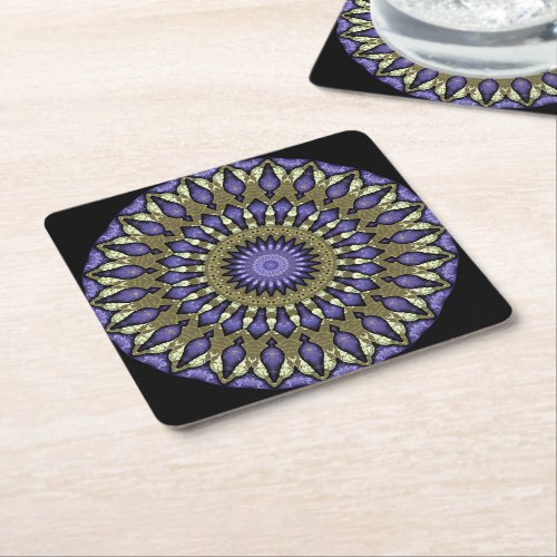 Black Violet Purple Faux Gold Mandala Pattern Square Paper Coaster