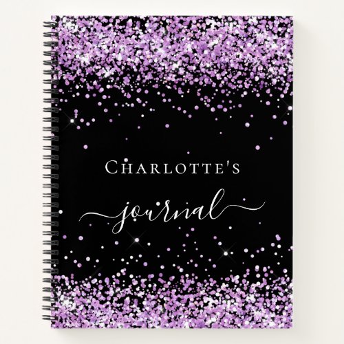 Black violet purple glitter name script journal