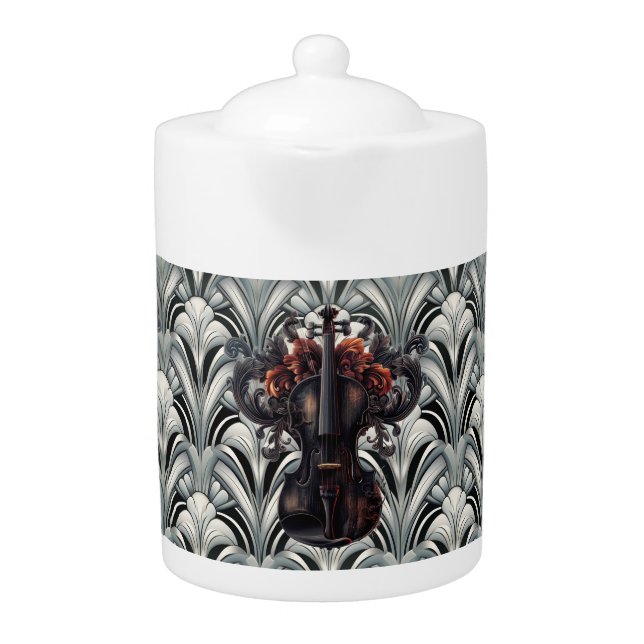 Black Violin in Art Deco GMajor Porcelain Teapot (Front)