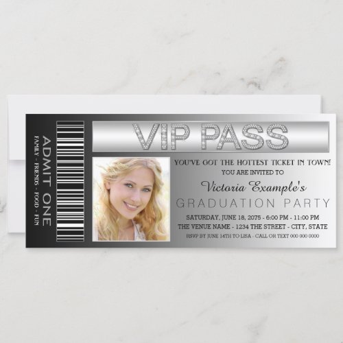 Black VIP Pass Admission Ticket Graduation Party Invitation