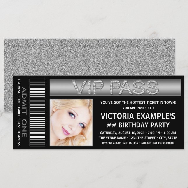 Black VIP Pass Ticket Birthday Party Invitation (Front/Back)