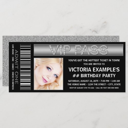 Black VIP Pass Ticket Birthday Party Invitation