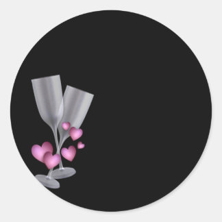 Black w/Champagne Glasses and Pink Hearts Classic Round Sticker
