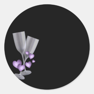 Black w/Champagne Glasses and Purple Hearts Classic Round Sticker