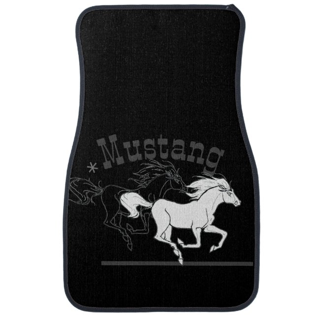 Black w/Two Wild Mustangs White & Silhouette  Car Floor Mat (Front)