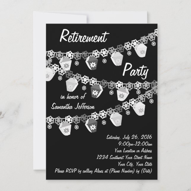 Black w/White Lanterns Retirement Party Invitation (Front)