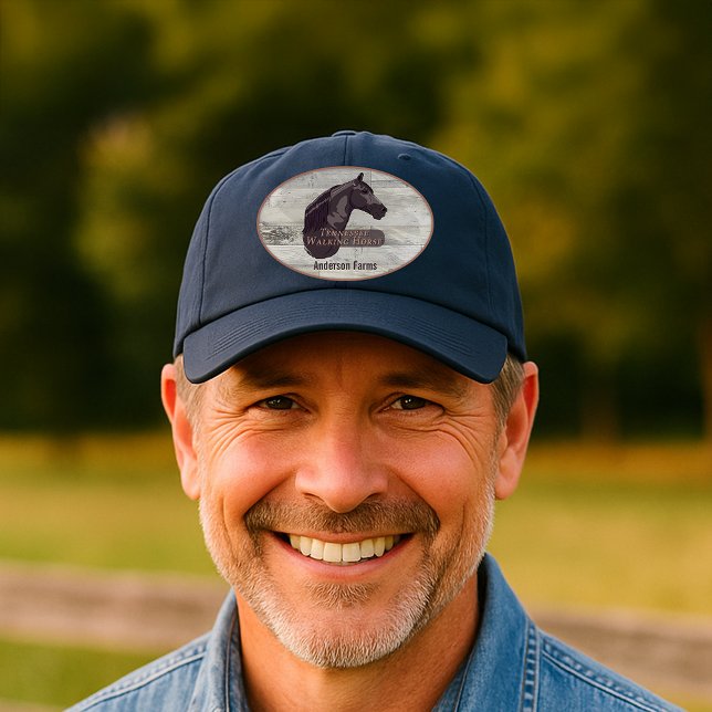 Black Walking Horse Rustic Name Emblem Hat (Tennessee Walking Horse illustration on rustic wood background with customizable name.)