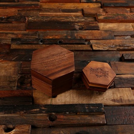 Black Walnut Box with Engraved Hexagon Coasters (Top)