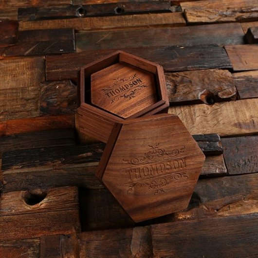 Black Walnut Box with Engraved Hexagon Coasters (Top)