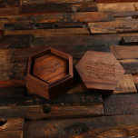 Black Walnut Box with Engraved Hexagon Coasters<br><div class="desc">With four hexagon-shaped black walnut wood coasters and a matching black walnut wood box, this gift set contains everything necessary to protect a wood surface from moisture damage, while also looking great. Use our design and customize the name engraved on each coaster and the wood box or send us your...</div>