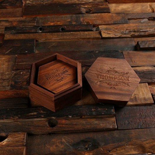Black Walnut Box with Engraved Hexagon Coasters (Top)