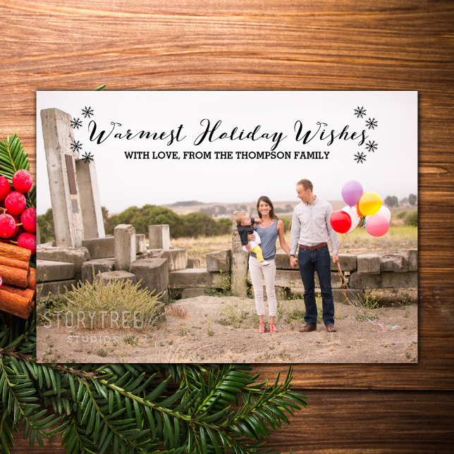 Black Warmest Holiday Wishes Photo Flat Card (Black Warmest Holiday Wishes Christmas Photo Card)