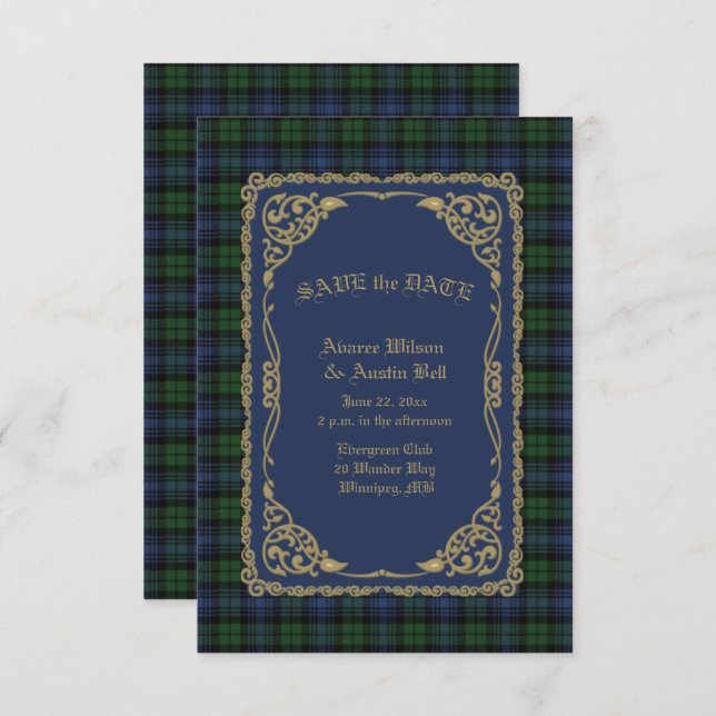 Black Watch Ancient Tartan With Gold Frame Save The Date (Front/Back)