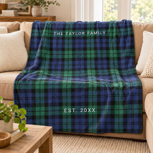 Black Watch Plaid Family Name Monogram Fleece Blanket