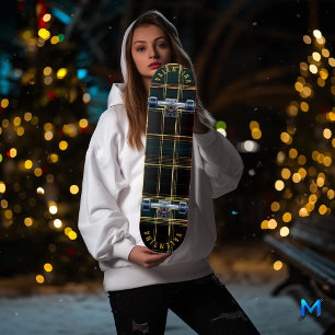 Black Watch Plaid Skateboard with Gold Accents