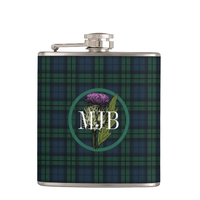 Black Watch Plaid Tartan Scottish Thistle Monogram Flask (Front)