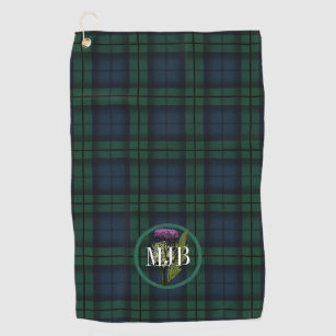 Black Watch Plaid Tartan Scottish Thistle Monogram Golf Towel