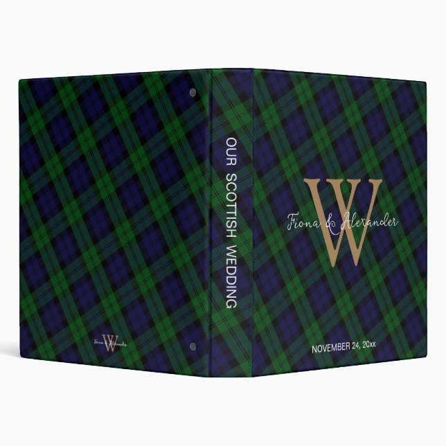 Black Watch Scottish Tartan Gold Monogram Wedding  3 Ring Binder (Background)