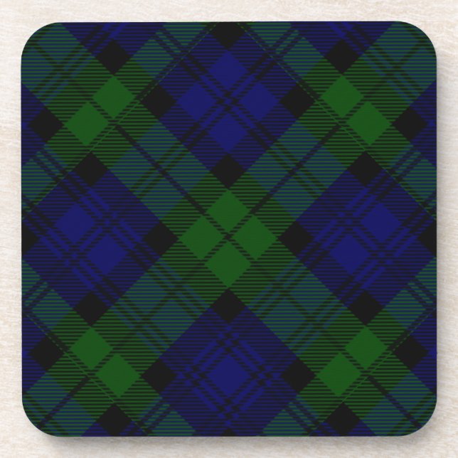 Black Watch Tartan Blue Green Plaid Beverage Coaster (Front)