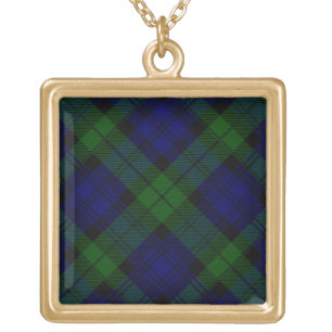 Black Watch Tartan Blue Green Plaid Gold Plated Necklace