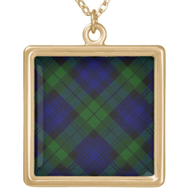 Black Watch Tartan Blue Green Plaid Gold Plated Necklace (Front)