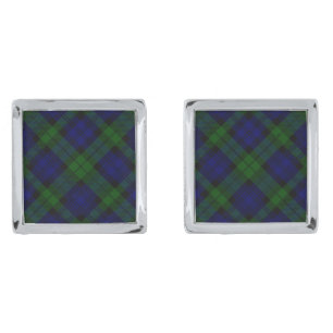 Black Watch Tartan Blue Green Plaid Silver Cufflinks
