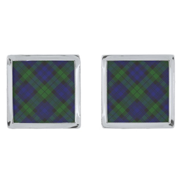 Black Watch Tartan Blue Green Plaid Silver Cufflinks (Front)