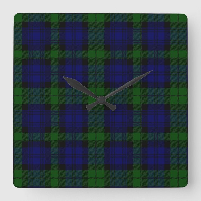 Black Watch Tartan Blue Green Plaid Square Wall Clock (Front)