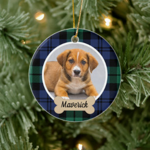 Black Watch Tartan Plaid Christmas Dog Photo Ceramic Ornament