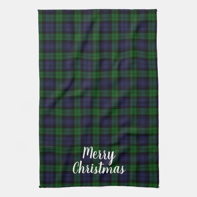 Black Watch Tartan Plaid Merry Christmas Kitchen Towel (Vertical)