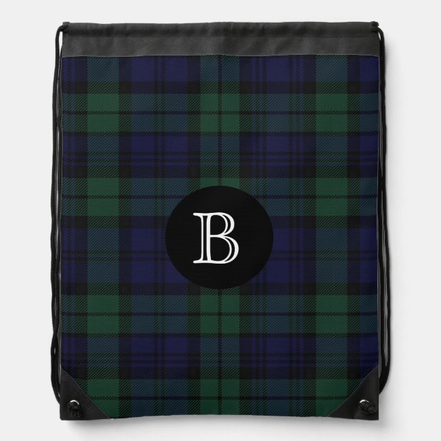 Black Watch Tartan Plaid Monogram Backpack (Front)