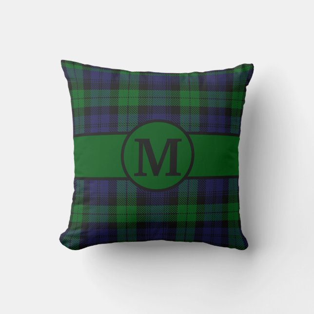 Black Watch Tartan Plaid Monogram Personalize Throw Pillow (Front)
