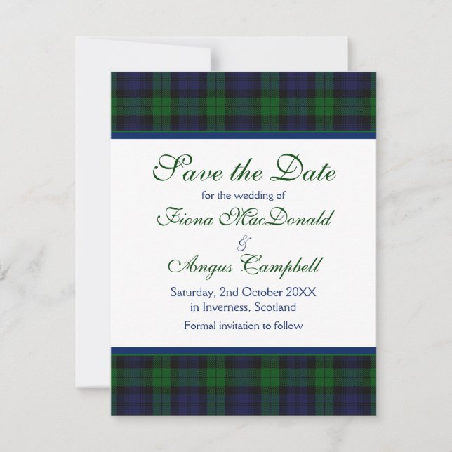 Black Watch Tartan Wedding Save the Date Card (Front)