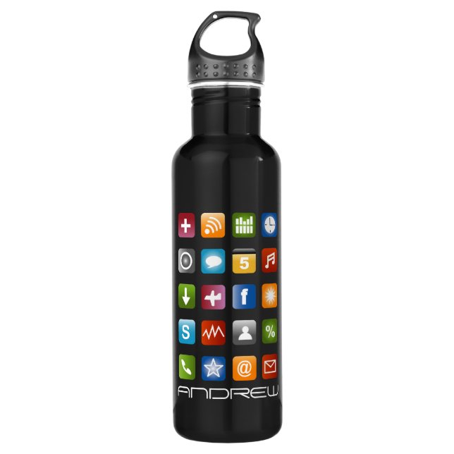 Black water bottle with colorful computer app icon (Front)
