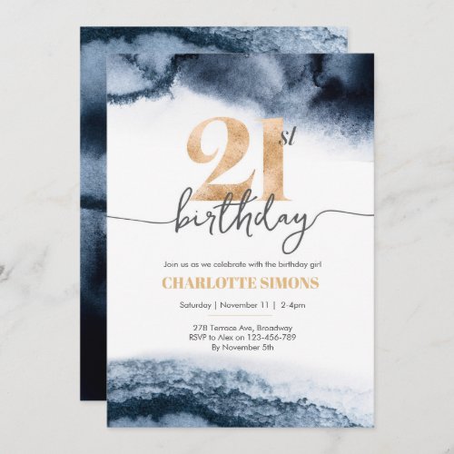 Black Watercolor 21st birthday invitation