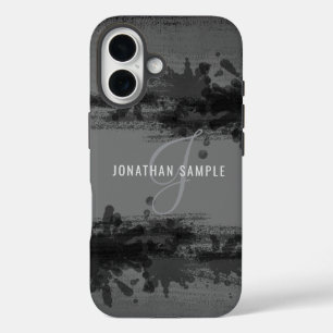Black watercolor abstract painting grey monogram iPhone 16 case