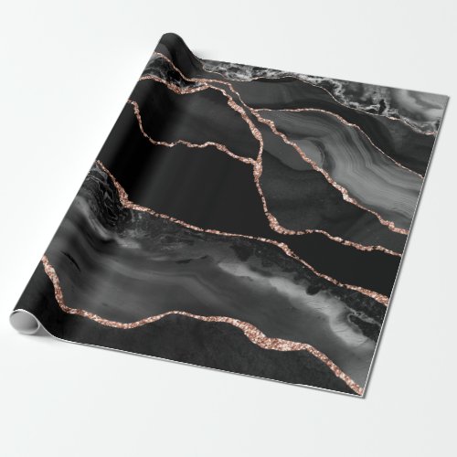 Black Watercolor Agate Faux Rose Gold Glitter Wrapping Paper