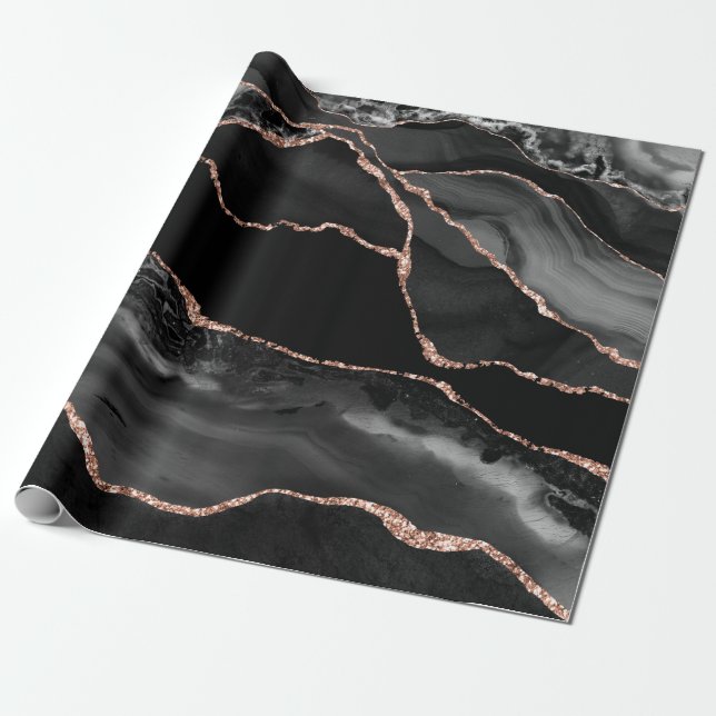 Black Watercolor Agate Faux Rose Gold Glitter Wrapping Paper (Unrolled)