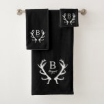 Black Watercolor And Rustic Deer Antlers Monogram Bath Towel Set at Zazzle