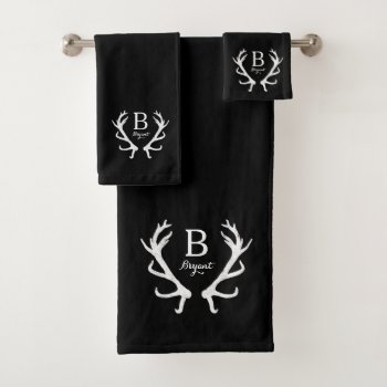 Black Watercolor And Rustic Deer Antlers Monogram Bath Towel Set by DuchessOfWeedlawn at Zazzle
