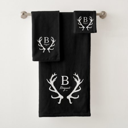 Black Watercolor And Rustic Deer Antlers Monogram Bath Towel Set