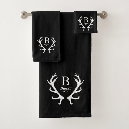 Black Watercolor and Rustic Deer Antlers Monogram Bath Towel Set