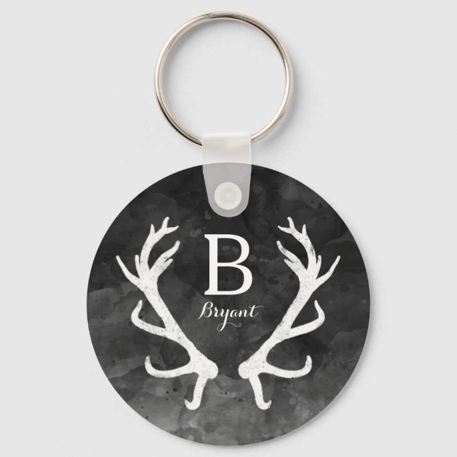 Black Watercolor and Rustic Deer Antlers Monogram Keychain (Front)