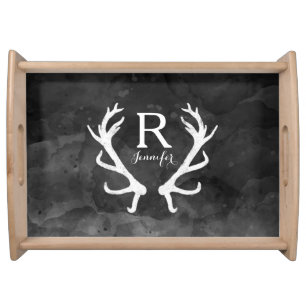 Black Watercolor and Rustic Deer Antlers Monogram Serving Tray