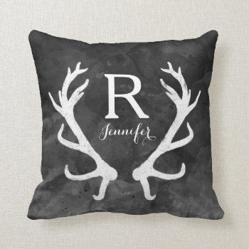 Black Watercolor And Rustic Deer Antlers Monogram Throw Pillow by DuchessOfWeedlawn at Zazzle